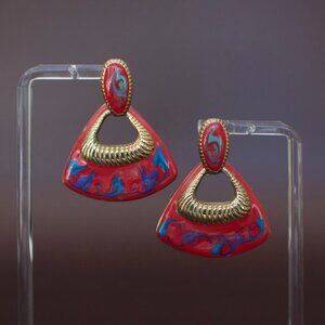 Vintage Red Enamel Statement Earrings – Gold Tone Dangle – 80s 90s